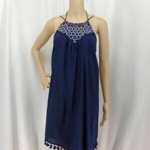 ANN TAYLOR * LOFT BLUE EMBROIDERED TASSEL TRIM BOHO SWING DRESS SIZE: S NWT